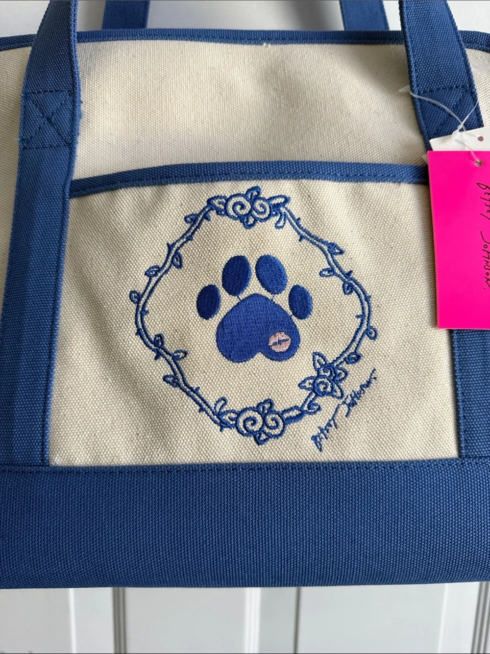 Betsey Johnson Hot Pink Tag Canvas Tote with Blue Trim